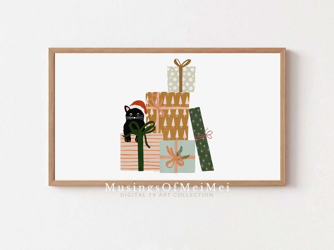 Christmas Black Cat with Santa Hat and Gifts Frame TV Poster