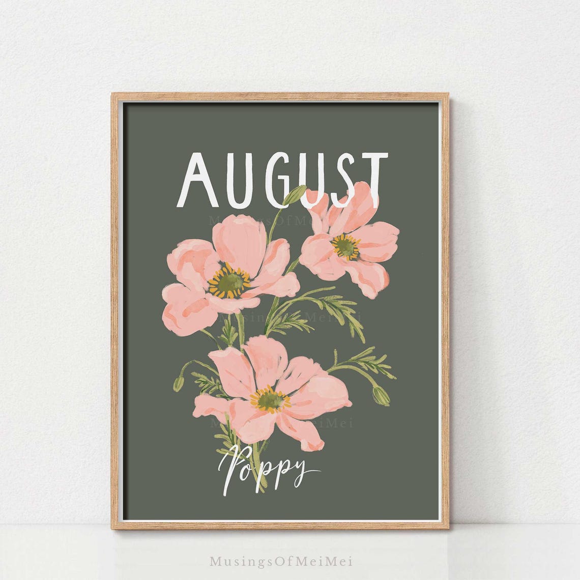 August Birth Flower Pink Poppy Botanical Birthday Art Poster