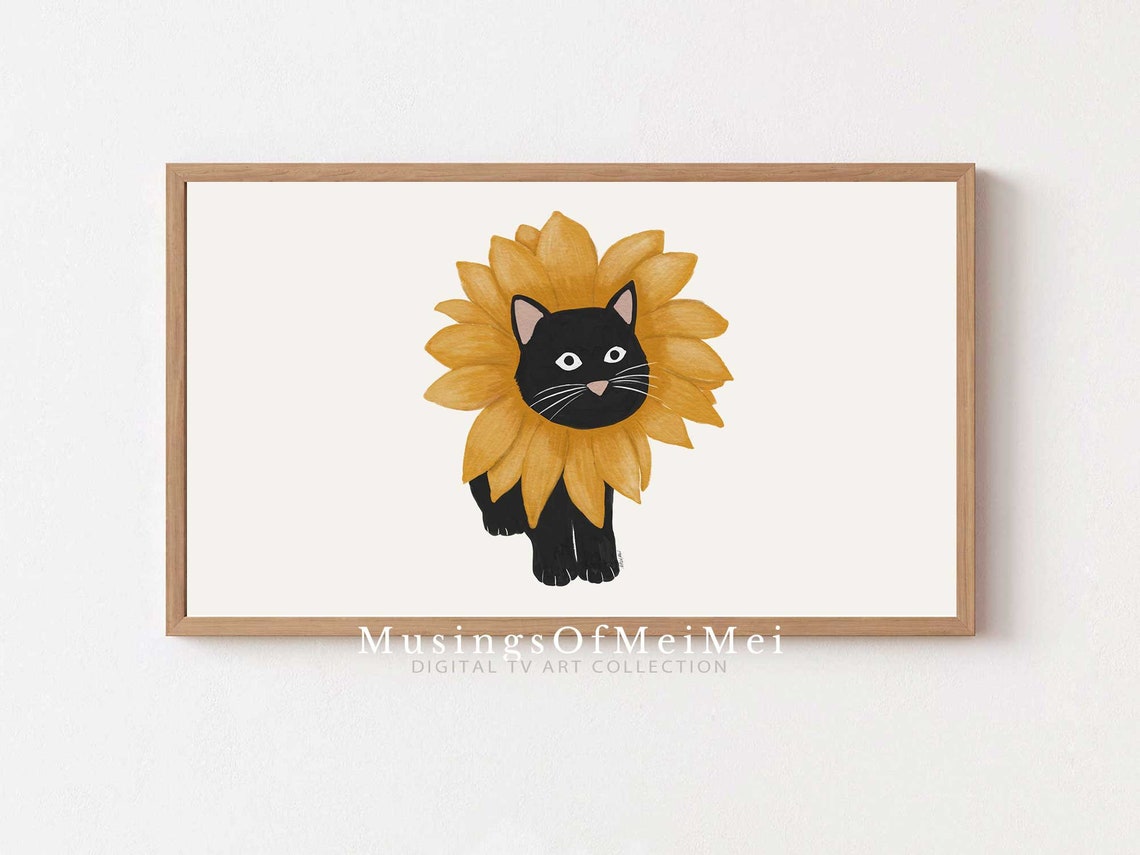 Black Cat in Giant Sunflower Costume Funny Kitten Whimsical Pet Poster