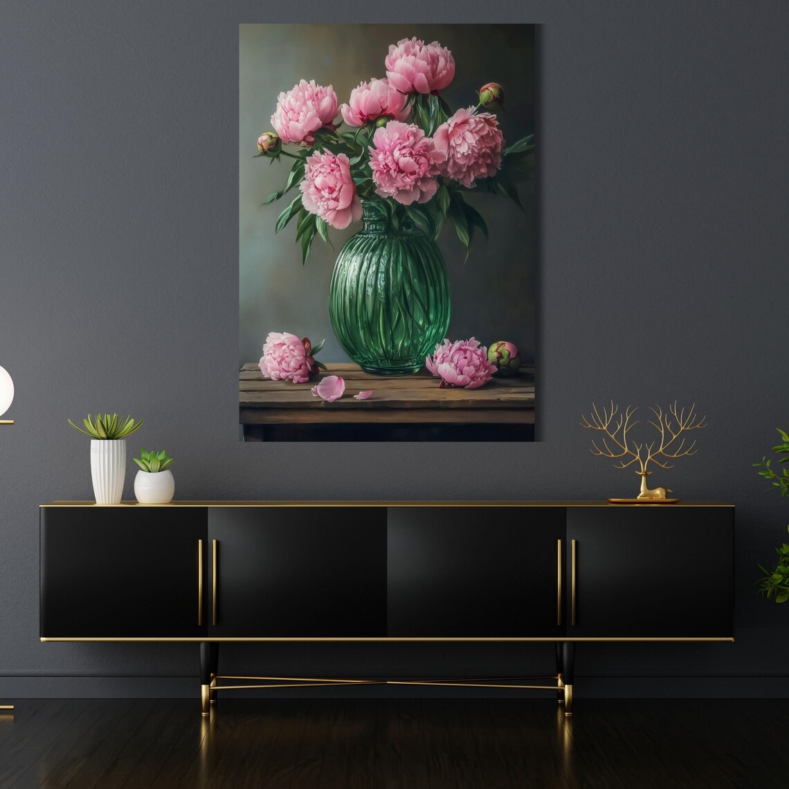 Pink Peonies in Green Ribbed Glass Vase Floral Still Life Poster - Image 3