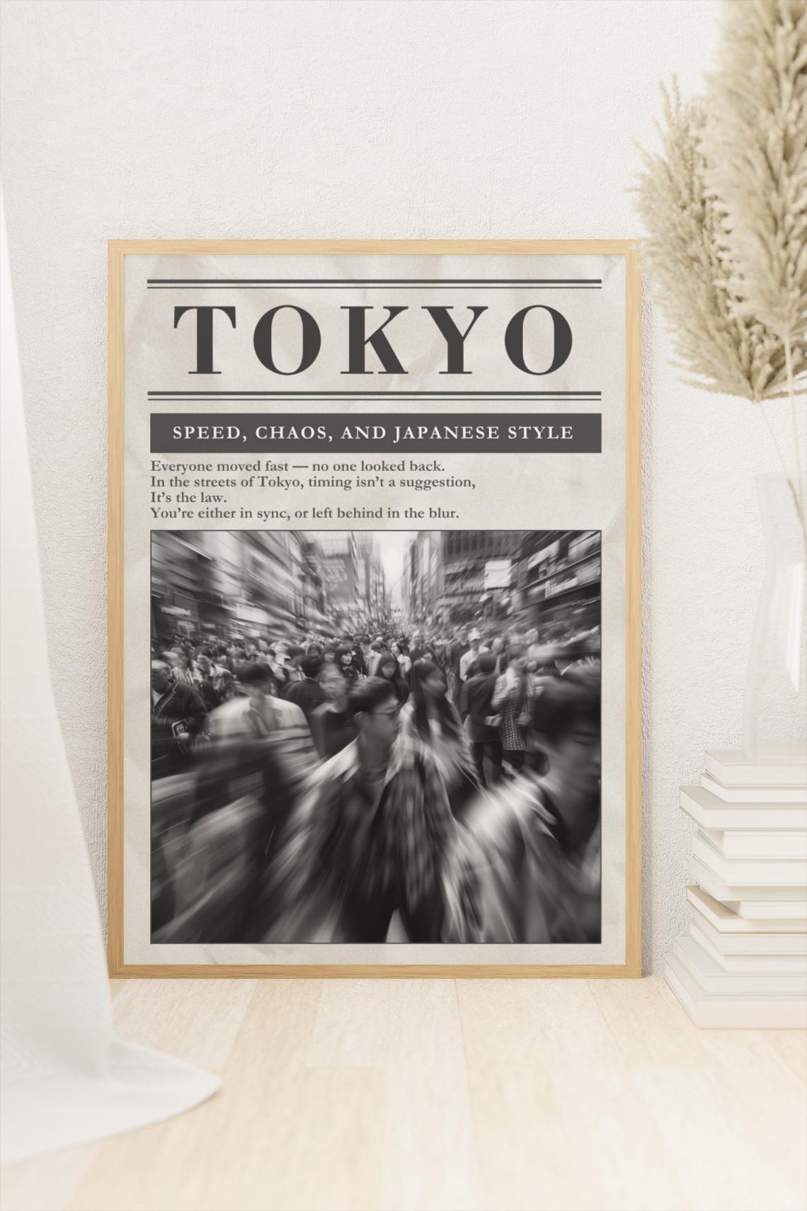 Tokyo Japan Speed Chaos Street Crowd Black White Newspaper Art Poster