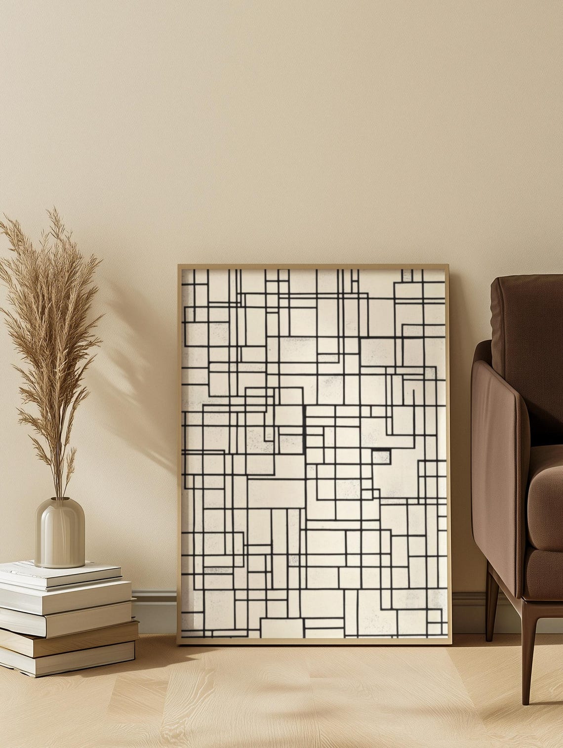 Black Geometric Grid Lines Beige Minimalist Modern Chic Wall Art