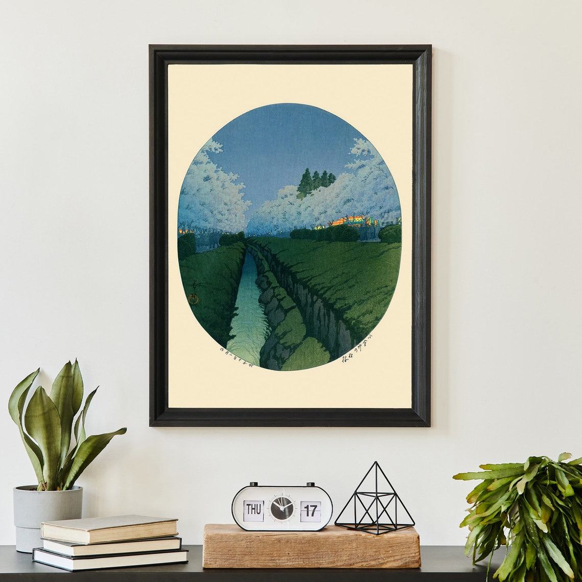 Japanese Cherry Blossoms Night Stream Oval Woodblock Art Poster - Image 2