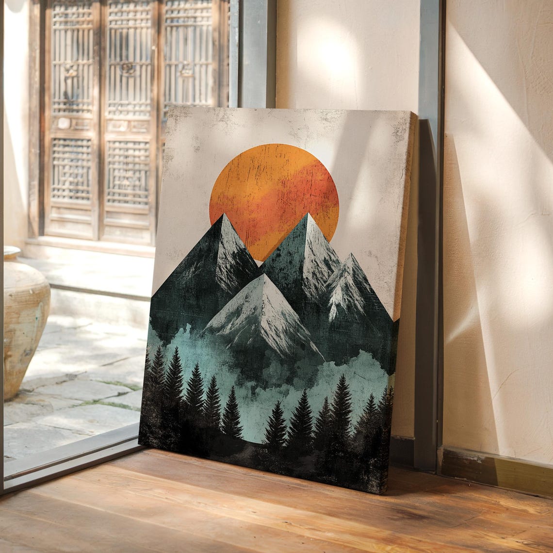 Geometric Mountain Print Modern Sunset Landscape Abstract Nature Wall Art Minimalist Wilderness Decor Bold Adventure Poster