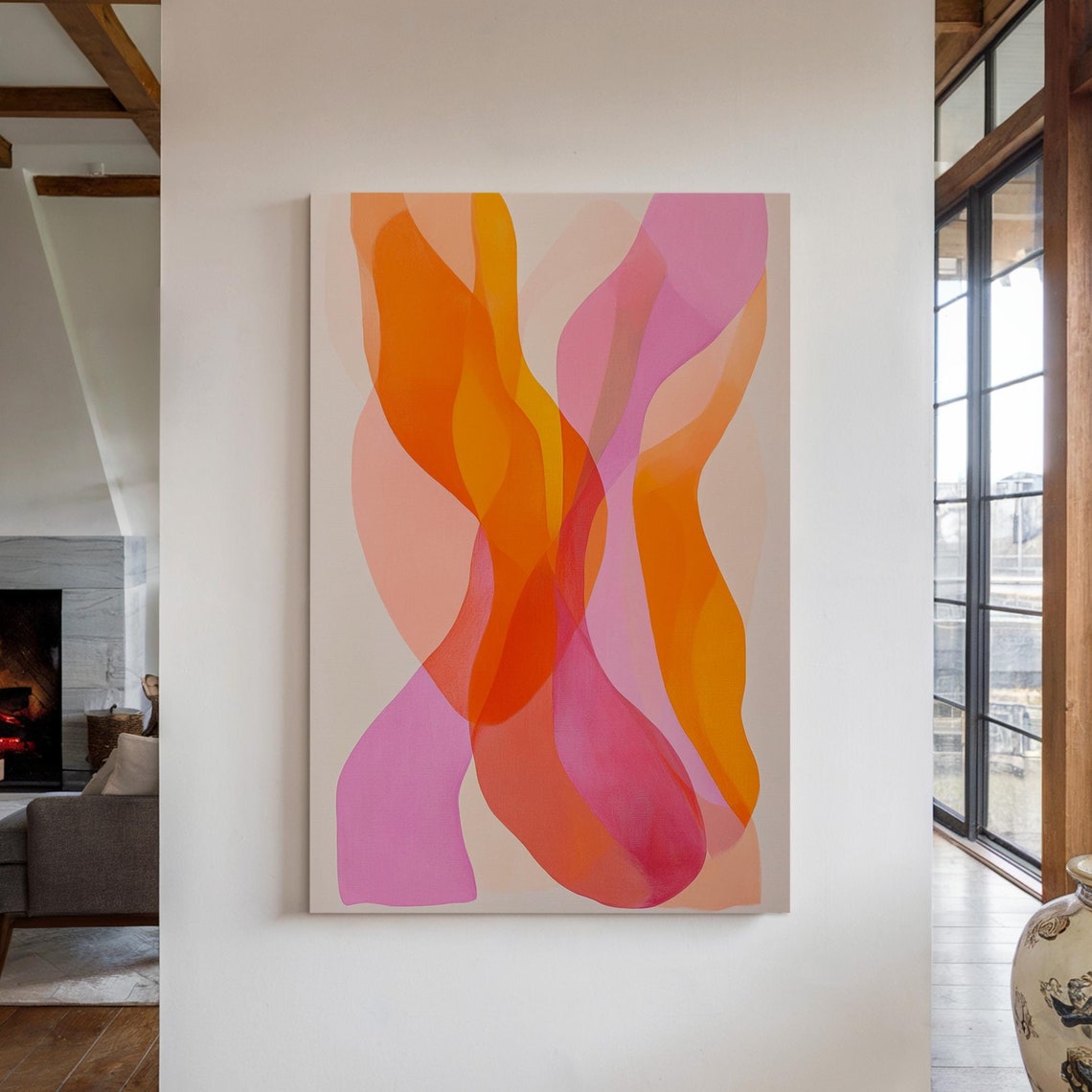 Flowing Pink Orange Waves Abstract Fluid Modern Colorful Art Poster