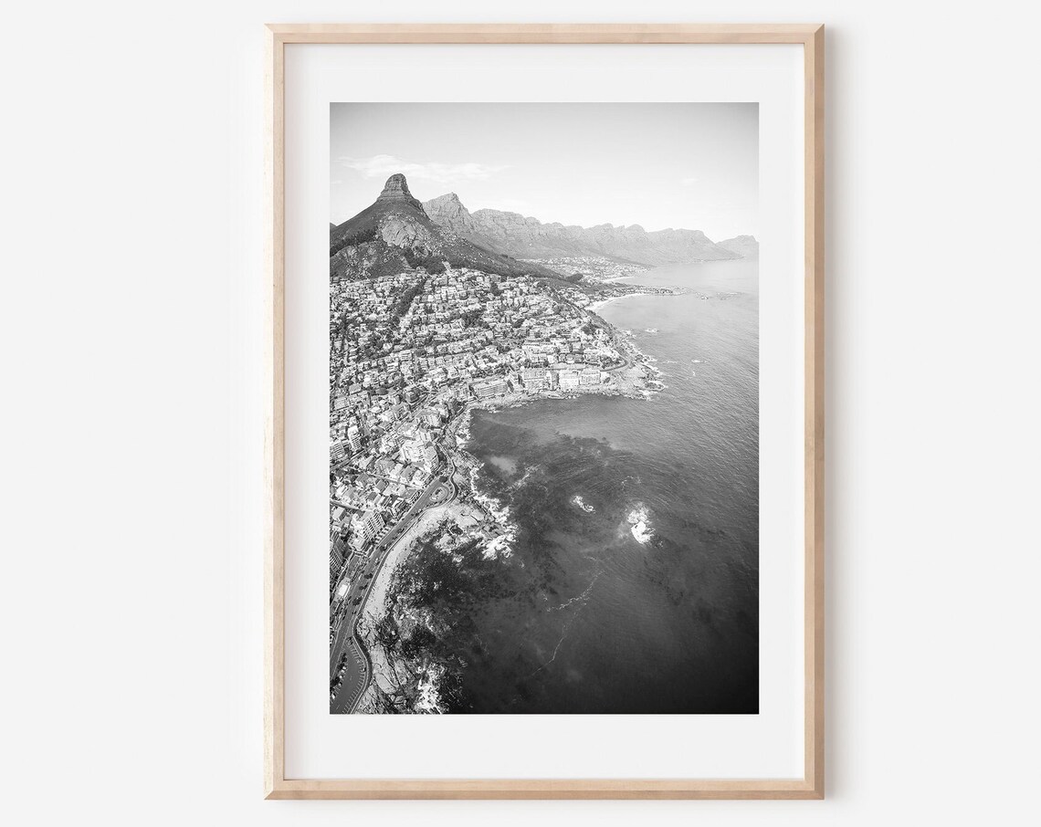 Cape Town Atlantic Coast Lion Head Aerial Black and White Poster
