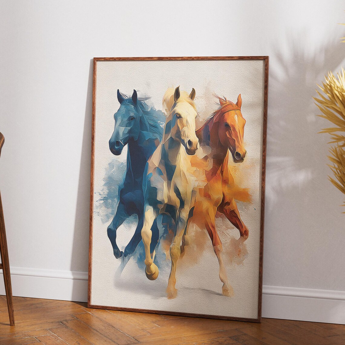 Abstract Running Horses Trio Blue White Orange Equine Poster