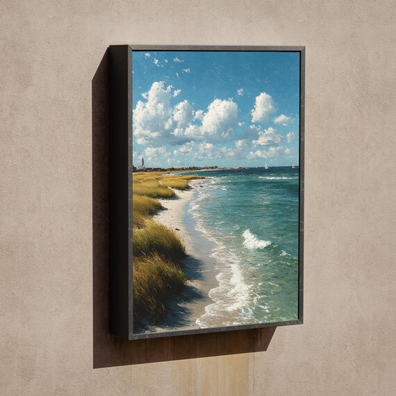 Serene Coastal Beach Dunes Ocean Waves Seascape Painting Poster