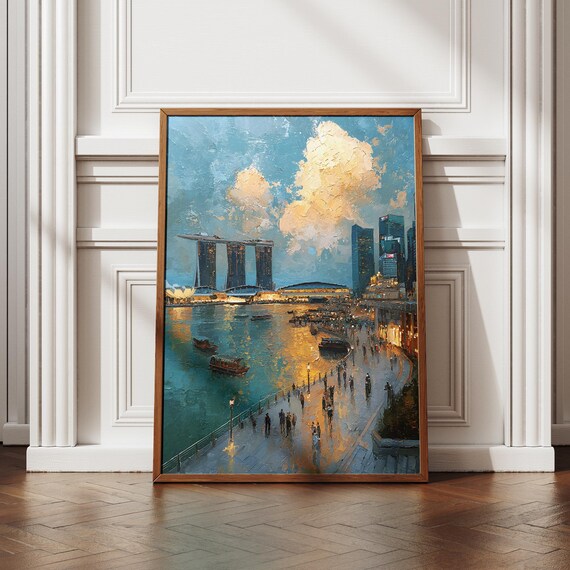 Singapore Marina Bay Sands Night Art Impressionist Painting Waterfront Skyline Reflection Southeast Asia Travel