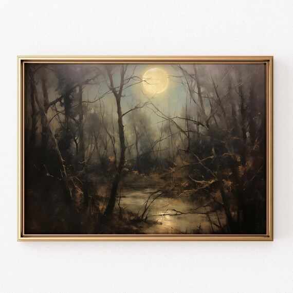 Full Moon Night Forest Bare Trees Pond Moody Autumn Woods Poster