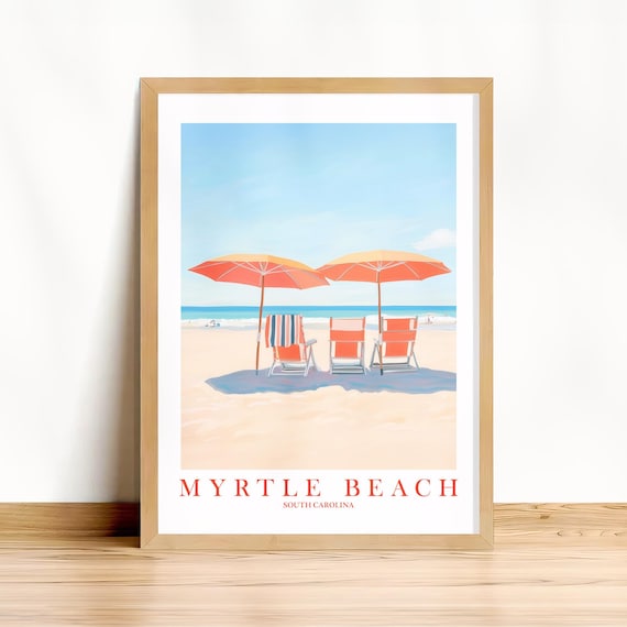 Myrtle Beach South Carolina Beach Umbrellas Retro Coastal Travel Poster