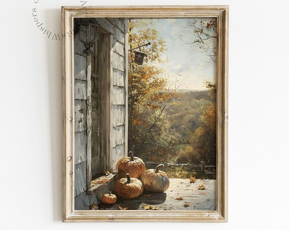 Fall Porch Painting Pumpkins Wall Art Cozy Autumn Decor Cottagecore Art Moody Thanksgiving Art Print