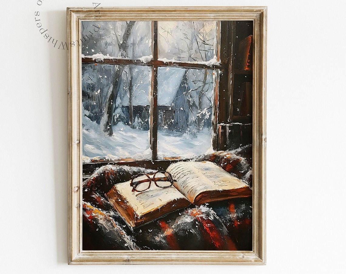 Open Book and Glasses by Snowy Window Cozy Reading Scene Poster - Image 6