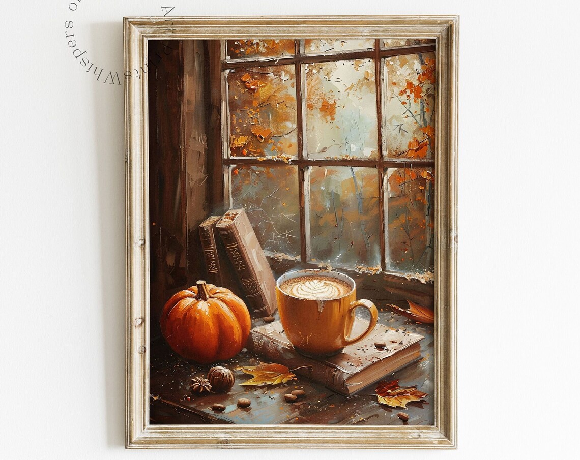 Pumpkins and Coffee, Rustic Autumn Art Print