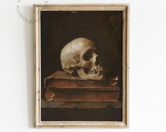 Memento Mori Skull On Old Books Dark Vanitas Still Life Painting Poster