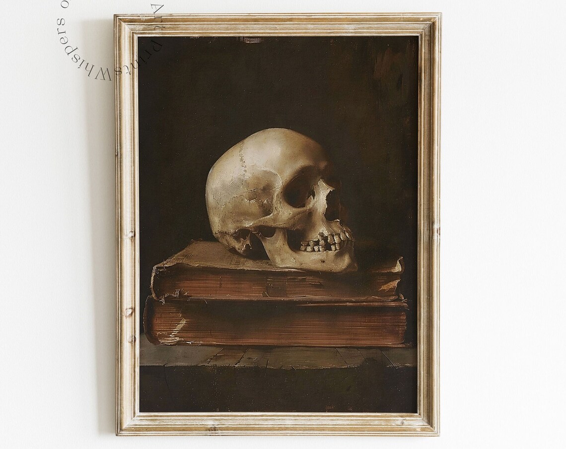 Memento Mori Skull On Old Books Dark Vanitas Still Life Painting Poster
