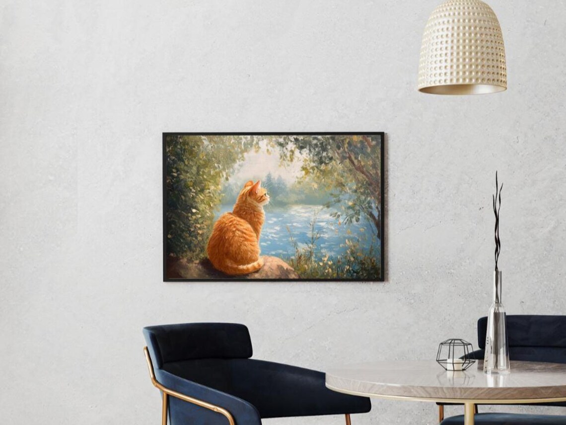 Golden Hour Watcher Cozy Cat By The Lake Art Print - Image 2