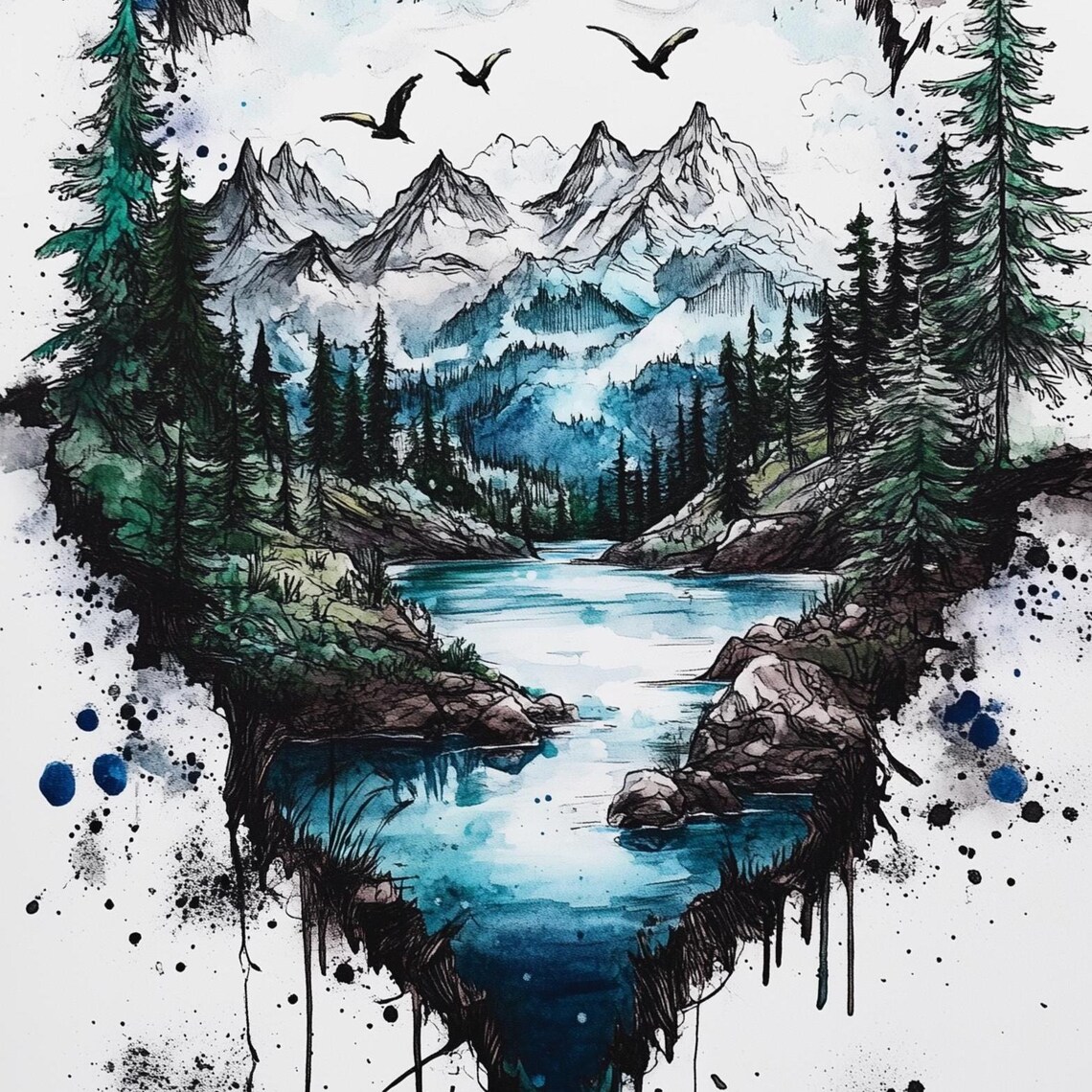Ink And Watercolor Mountain Landscape, Scenic River - Image 3