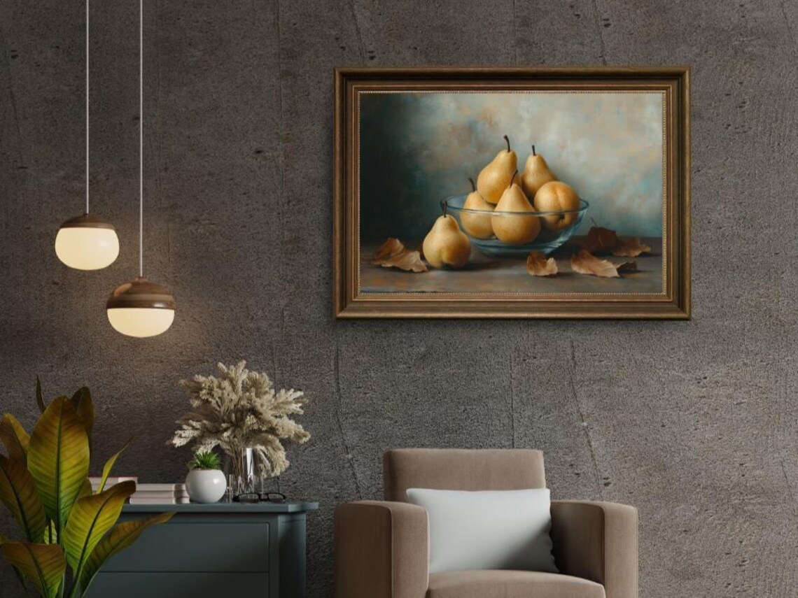 Still Life Pears in Glass Bowl, Autumn Harvest - Image 2