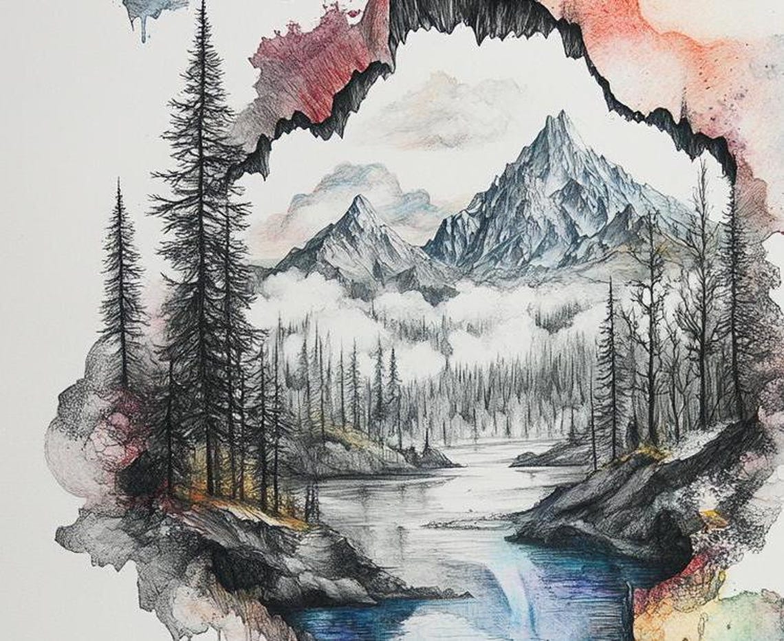 Surreal Mountain Landscape Print Torn Paper Watercolor Ink Art Mystical Nature Wall Decor - Image 4