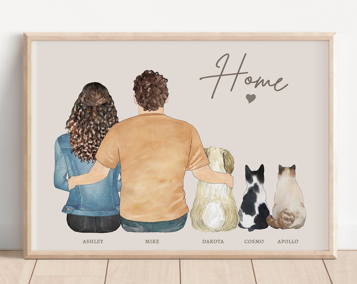 Custom Couple with Three Pets Portrait Print Home Fur Babies