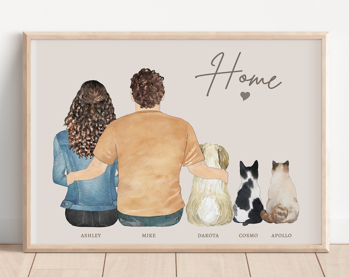 Custom Home Couple with Pets Watercolor Portrait Names Wall Poster