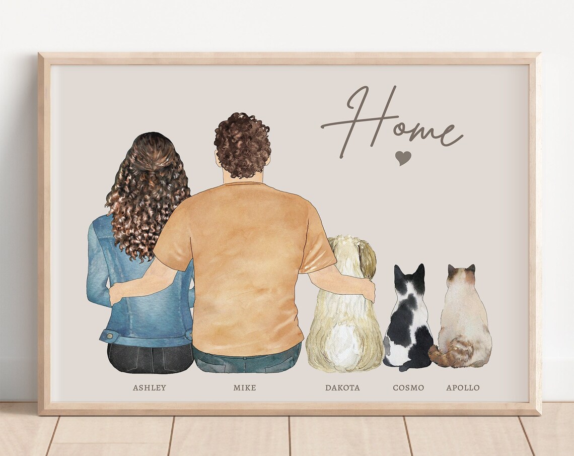 Personalized Pet Portrait Family Print, Dog Lover Gift