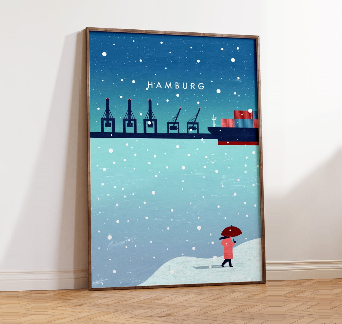 Hamburg Germany Harbor Container Cranes Winter Night Snow Poster