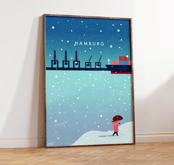 Hamburg Germany Harbor Container Cranes Winter Night Snow Poster