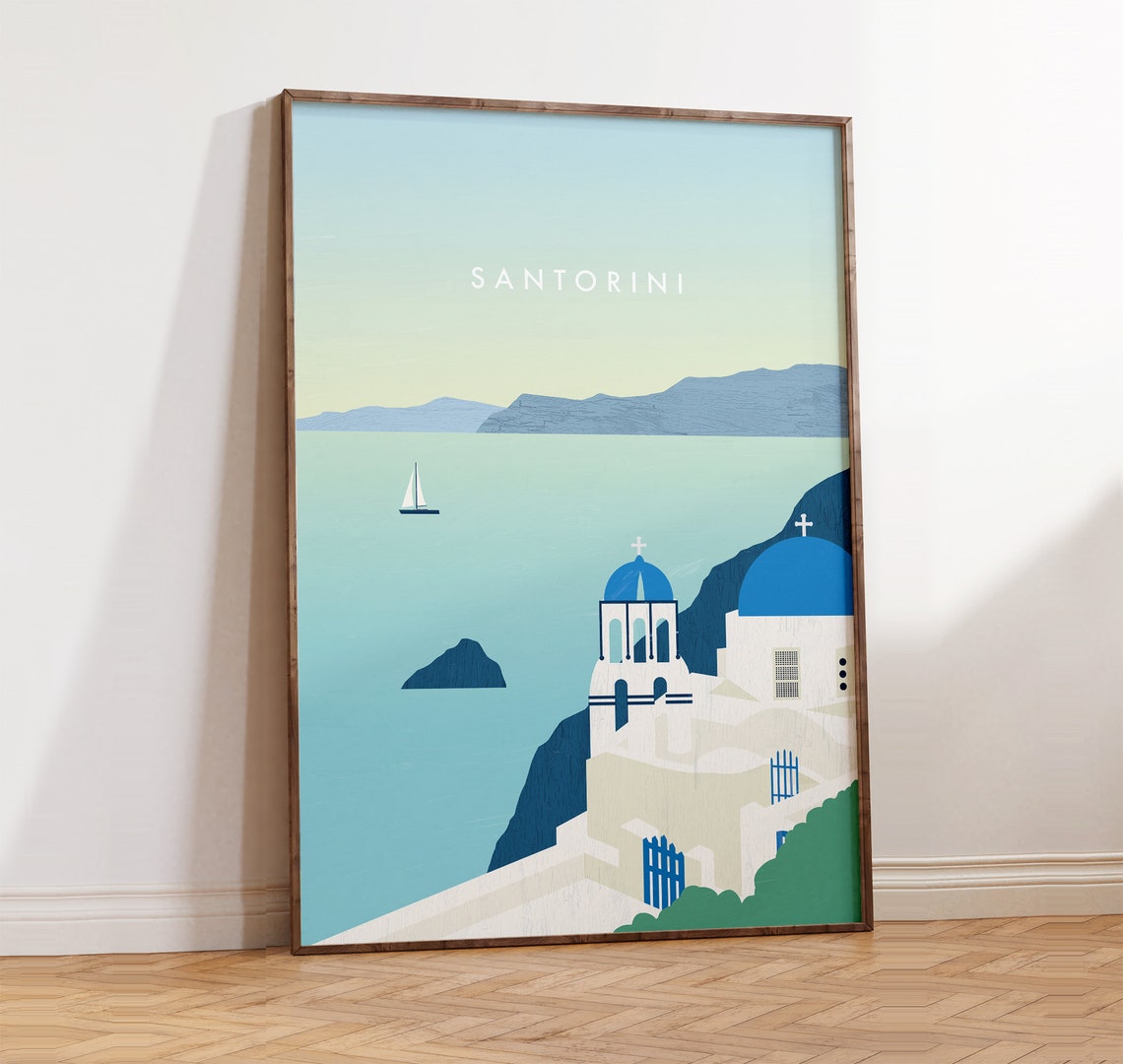 Santorini Greece Blue Domes Aegean Sea Minimalist Travel Poster