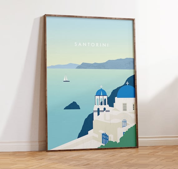 Santorini Greece Blue Domes Aegean Sea Minimalist Travel Poster