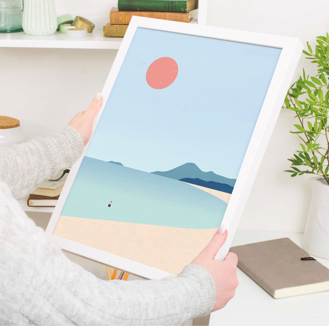 Minimalist Beach Swimmer Red Sun Ocean Waves Summer Scene Poster - Image 4