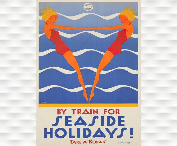 Australia Seaside Holidays Mirrored Swimmers Vintage Train Travel Poster
