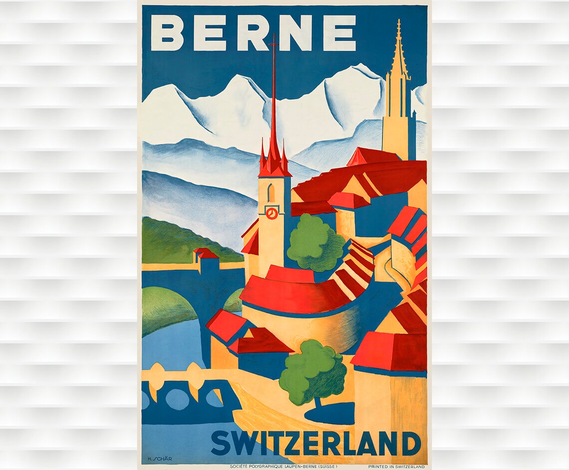 Berne Switzerland Red Roofs and Alps Vintage Swiss Travel Poster