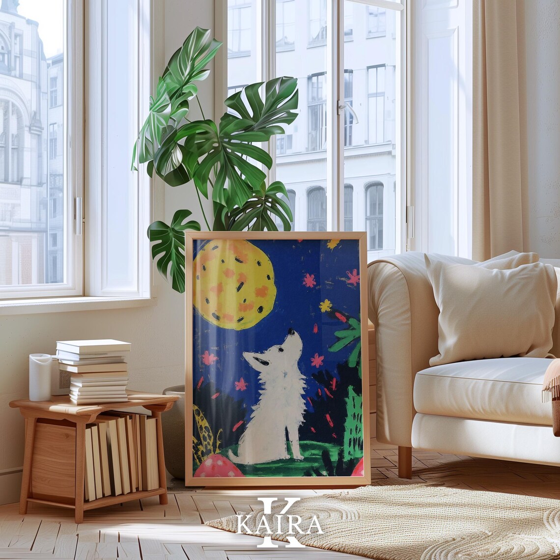 Happy White Dog Howling Up At A Giant Golden Moon At Night Poster - Image 3