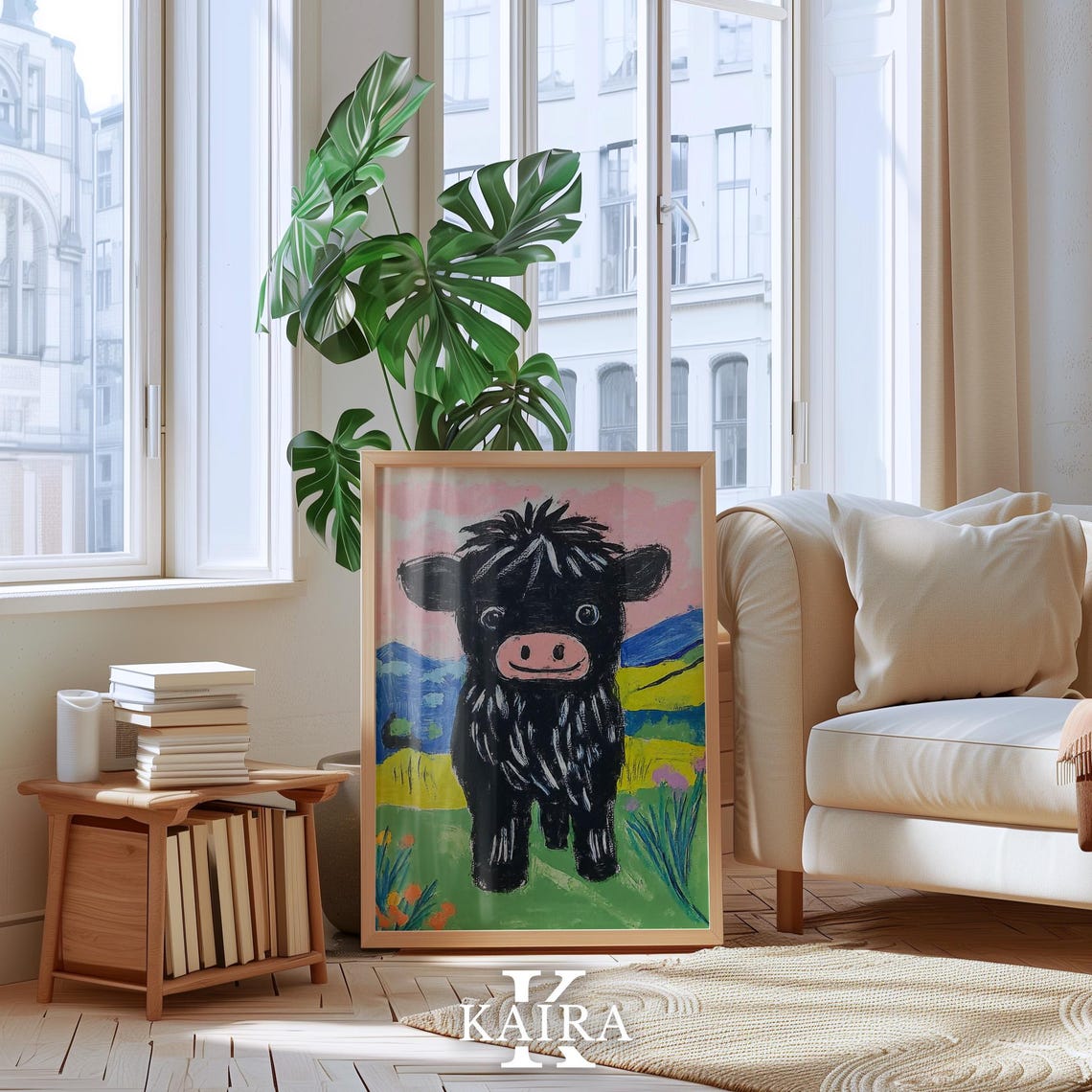 Fluffy Black Highland Cow Calf Under a Pink Cloudy Sky Poster - Image 4