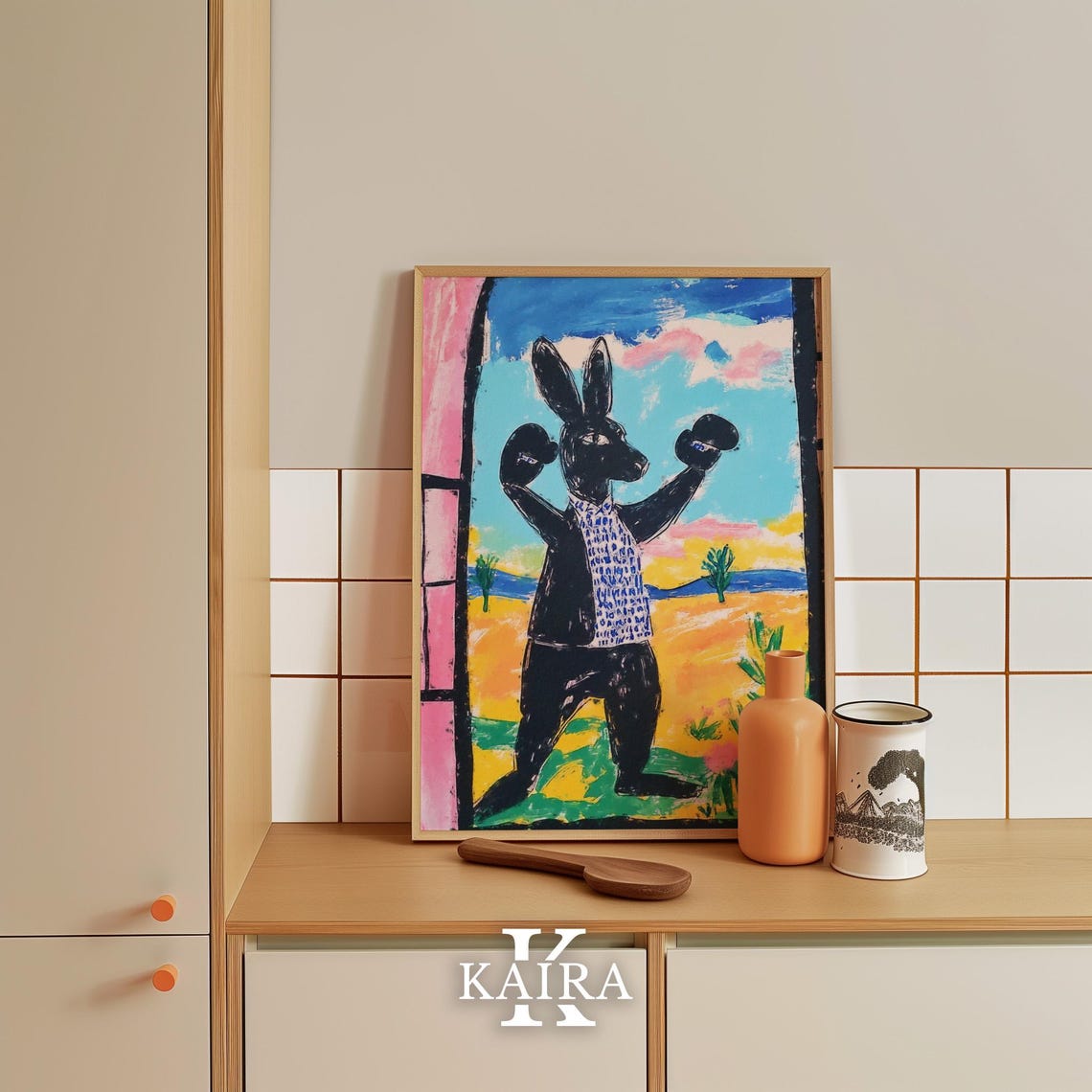 Black Rabbit Boxer Raising His Gloves in the Golden Desert Poster - Image 4