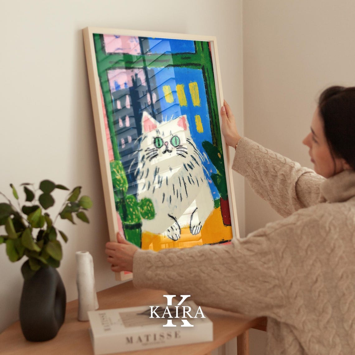 Fluffy White Cat Sitting in a Window Above the Night City Poster - Image 2