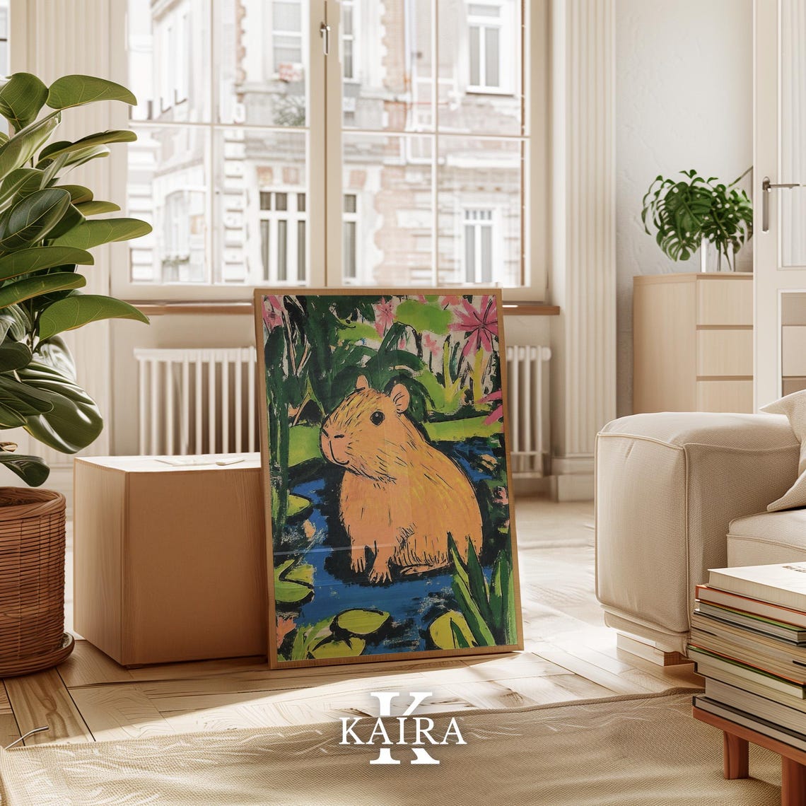 Relaxed Capybara Sitting by a Pond Full of Lily Pads and Blooms Poster - Image 3