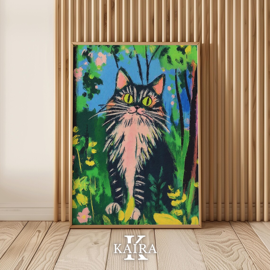 Green-Eyed Tabby Cat Sitting Proudly in a Lush Flower Garden Poster