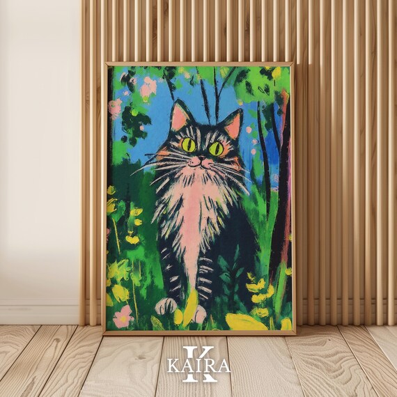 Green-Eyed Tabby Cat Sitting Proudly in a Lush Flower Garden Poster