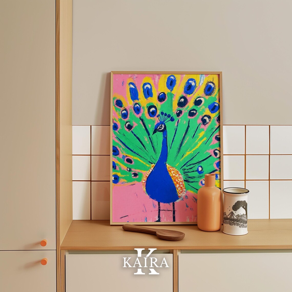 Vibrant Peacock Displaying His Colorful Fanned Tail on Pink Poster