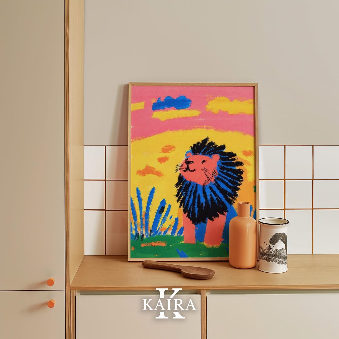 Colorful Smiling Lion With a Dark Mane at a Pink Sunset Poster