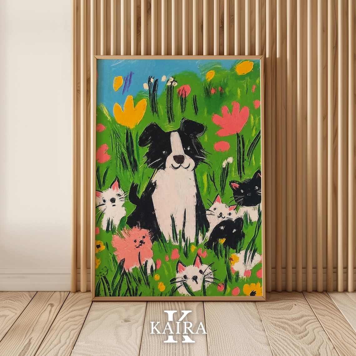Border Collie Puppy Surrounded by Kittens in a Flower Field Poster