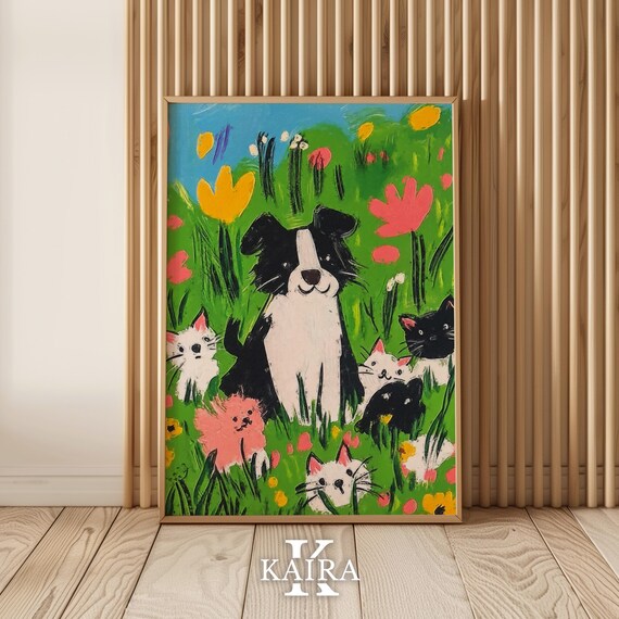 Border Collie Puppy Surrounded by Kittens in a Flower Field Poster