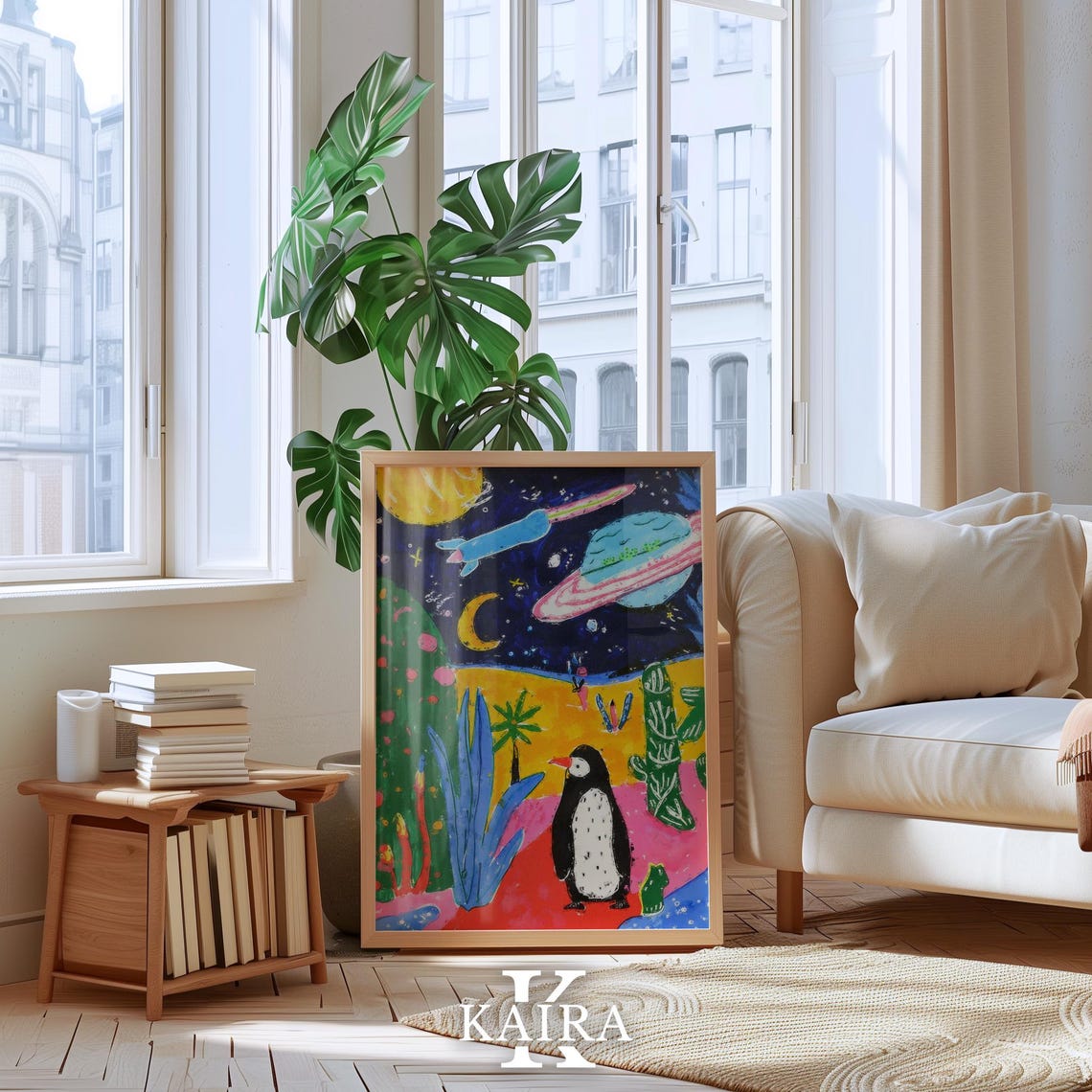 Curious Penguin Gazing at Rockets and Planets on an Alien World Poster - Image 5