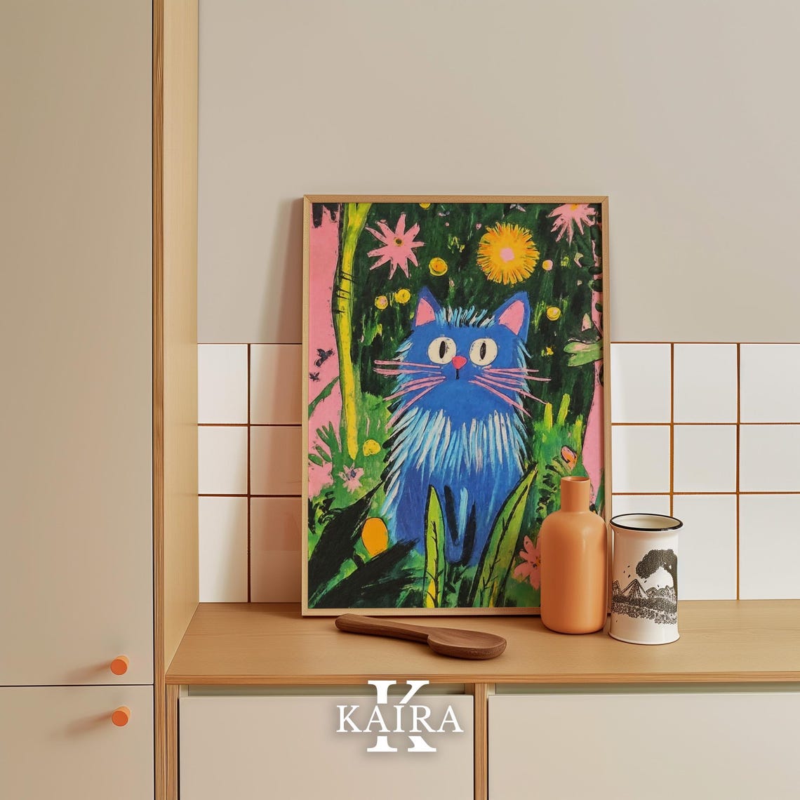 Whimsical Blue Cat with Pink Whiskers in a Magical Garden Poster - Image 5