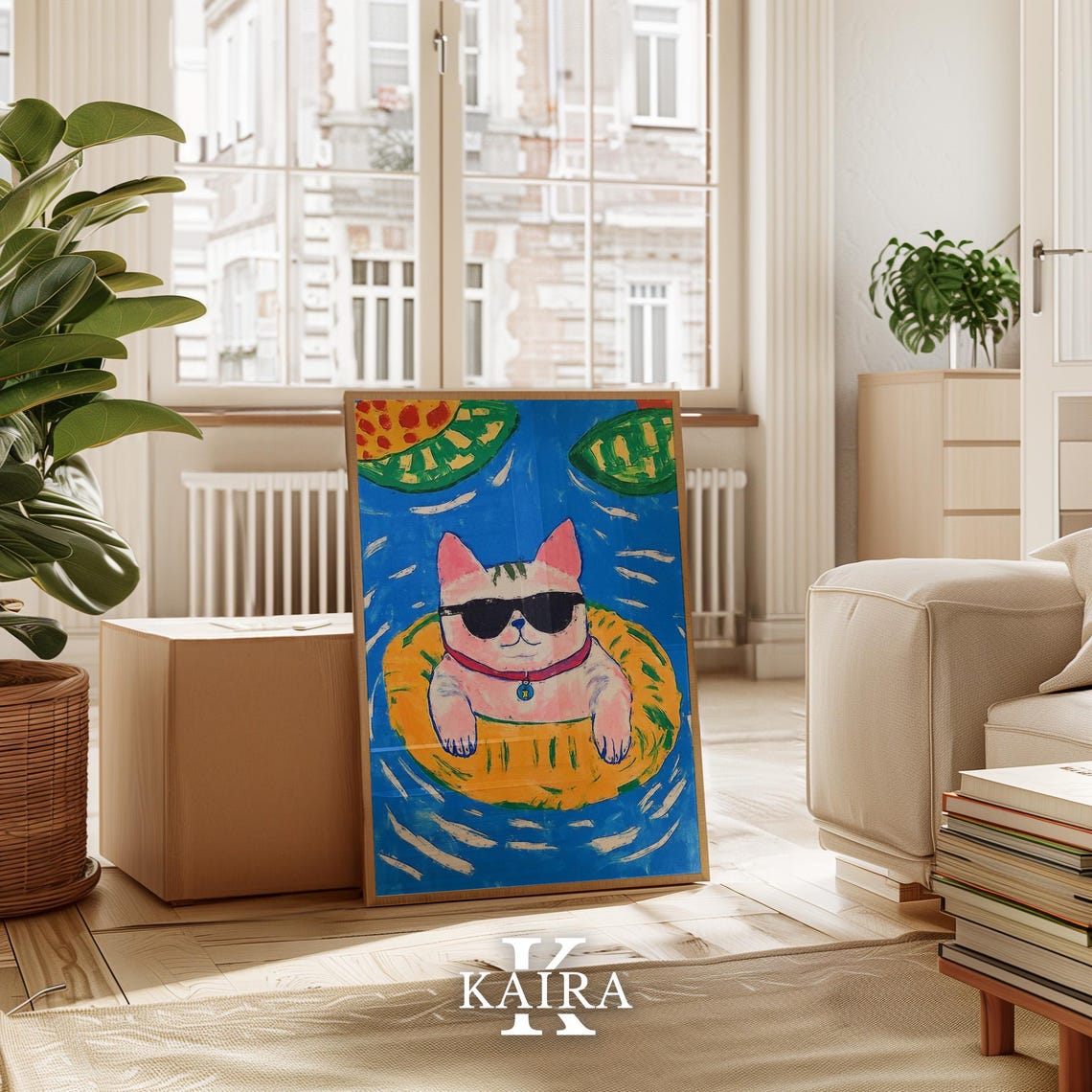 Cool Cat in Sunglasses Floating on a Yellow Pool Float Poster - Image 3