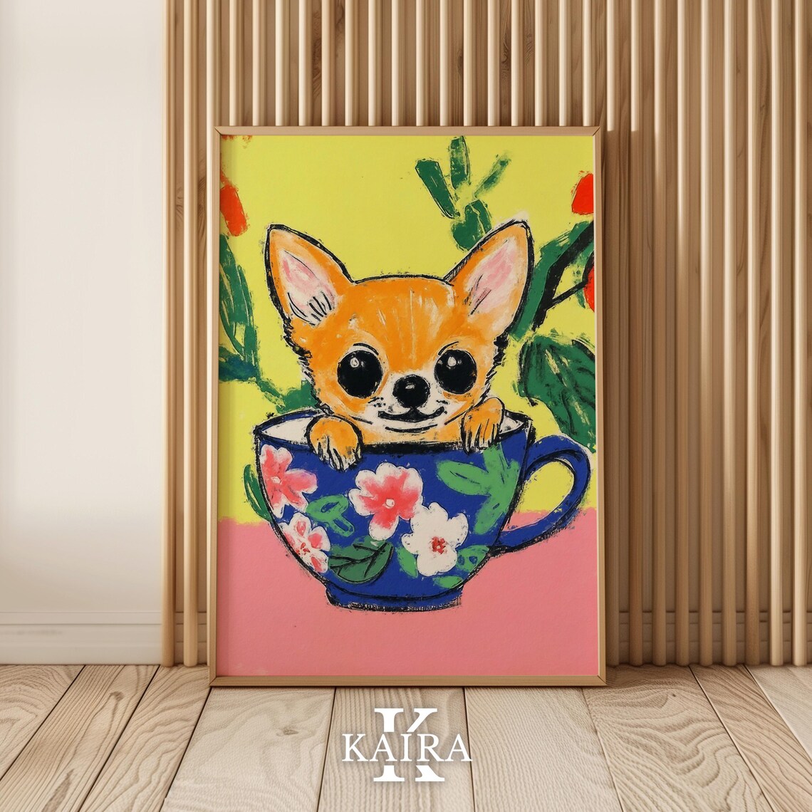 Tan Chihuahua Puppy Sitting In A Blue Floral Teacup With Leaves Poster - Image 5