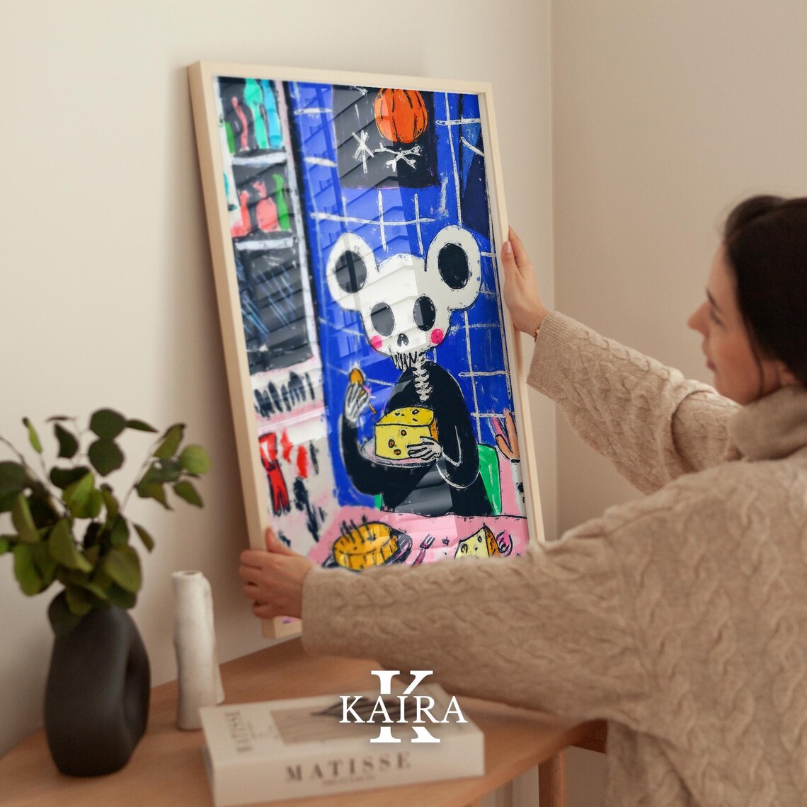 Cute Skeleton Mouse Enjoying Cheese In A Spooky Kitchen At Night Poster - Image 2